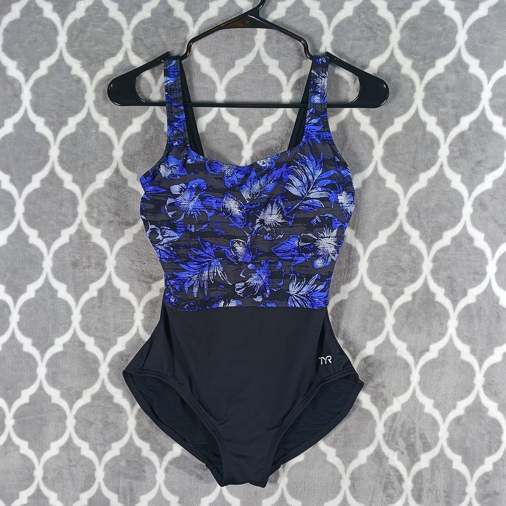 TYR Swimsuit Women 8 Black Blue Boca Scoop Neck Control Fit